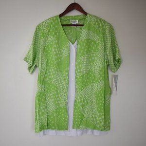 Vintage button up layered short sleeve loose fit blouse in green & white…